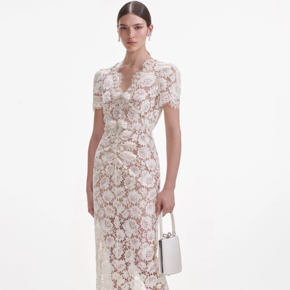 self-portrait Cream Fine Lace Pearl Midi Dress - Size US4 - MSRP $615 - NWT - Picture 2 of 8